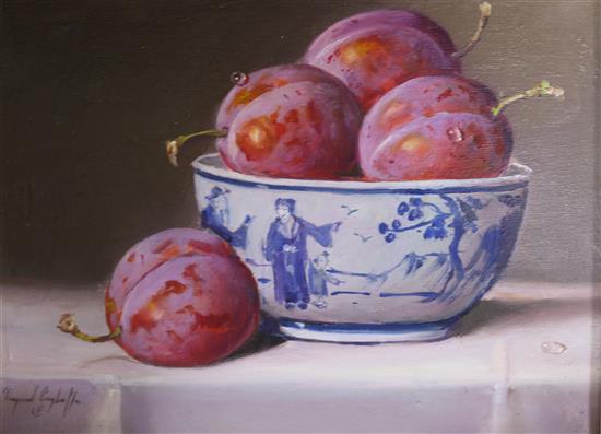 Raymond Campbell Plums in a blue and white bowl 6 x 9in.